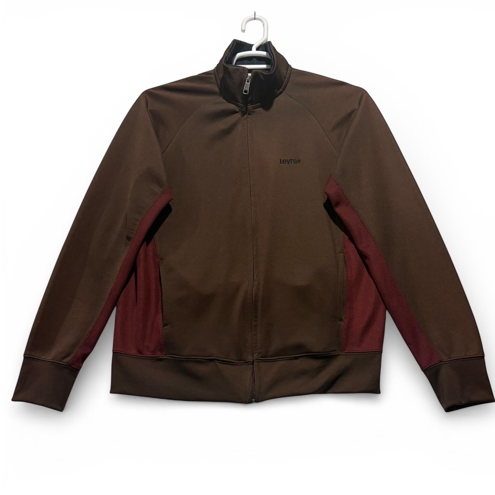 VTG Y2K Levi's Track Jacket Mens L Brown Burgundy Colorblock Zip‎ Embroidered